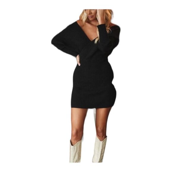 12th tribe womens large salty in the city black sweater mini dress v neck date r - Picture 12 of 12
